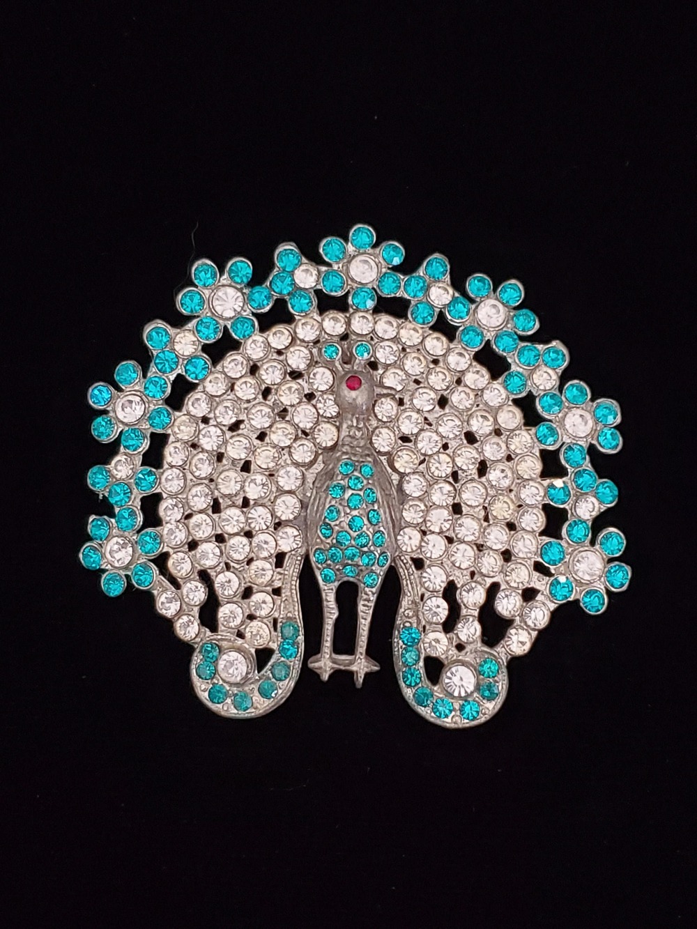 Vintage Aqua White Pave Set Rhinestone Peacock Brooch Pot Metal 1940s